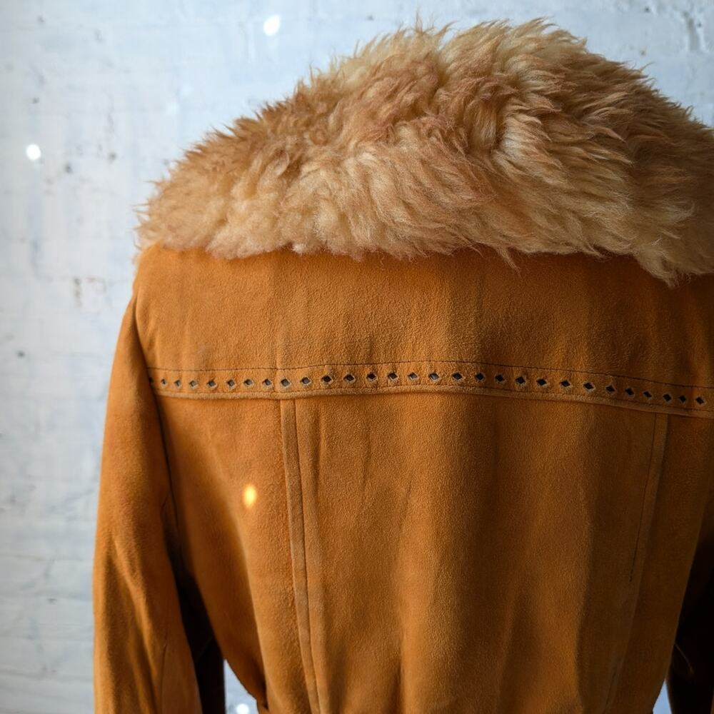 Vintage Orange Suede Penny Lane Jacket Leather Trench Coat Faux Fur Coat Large - Picture 6 of 12